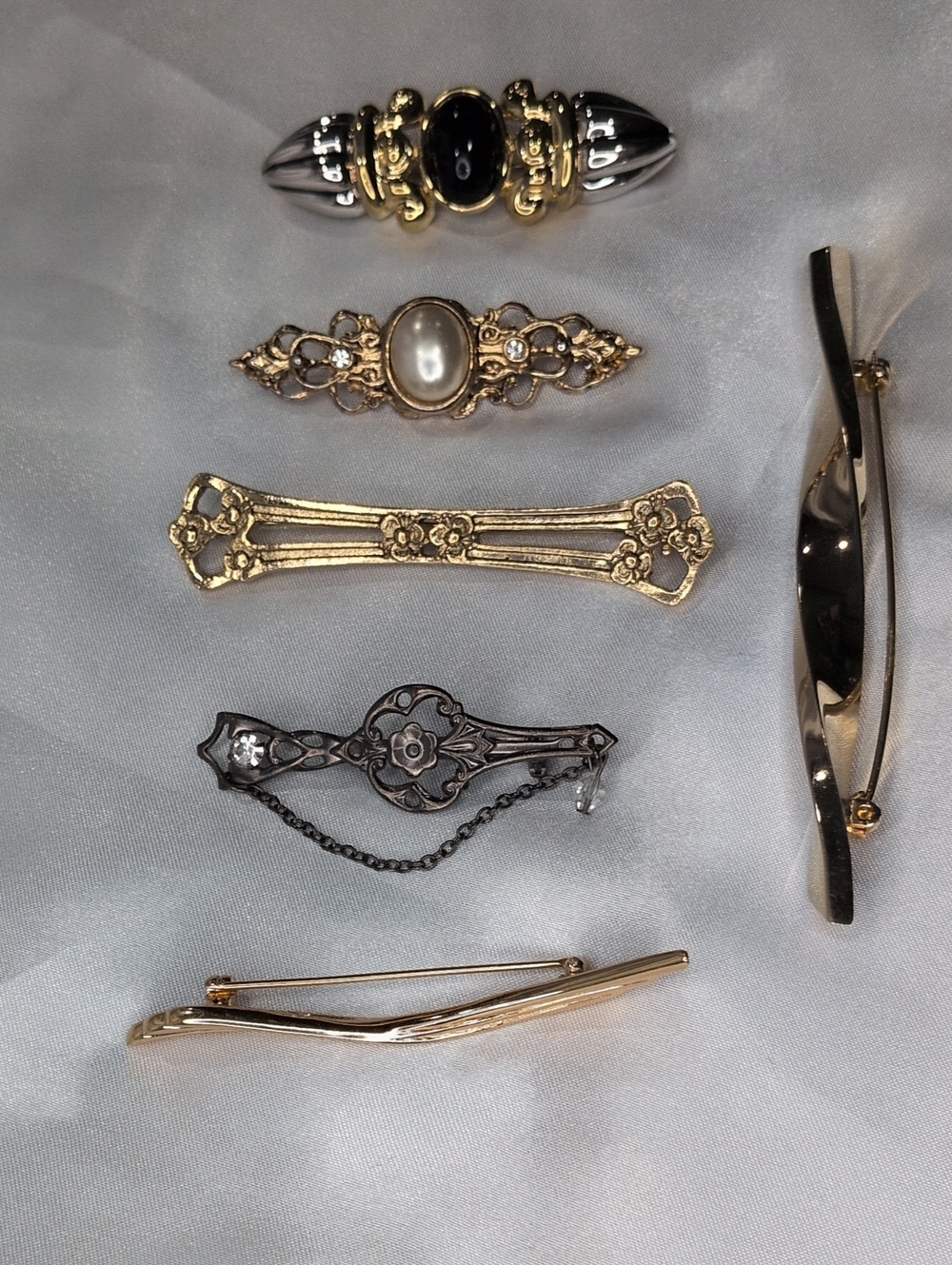 Lot of 6 Vintage Bar Pins Signed Monet Faux Pearl Black Cabochon Filigree Chain